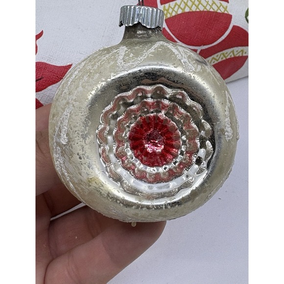 Vintage Christmas Mercury Glass Indent Ornament, Silver With Red Shiney Bright - Picture 3 of 5